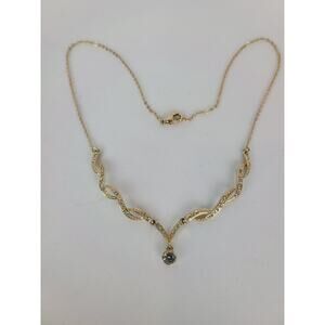 Nina Ricci NR Gold Tone Rhinestone & CZ Pendant V-Shaped Vintage Necklace 16"